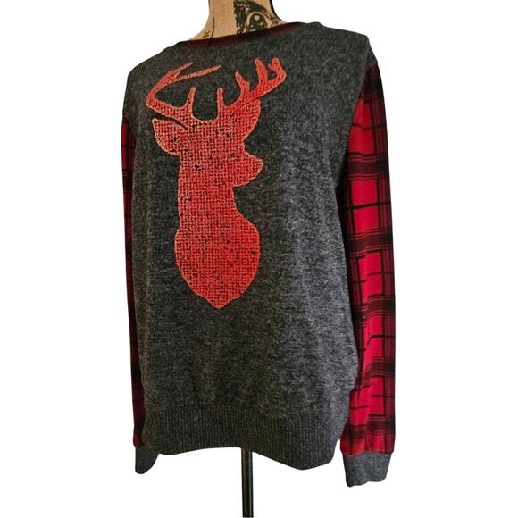 Tru Self Deer Plaid Sweatshirt, Red Black, Buck, Embellished, Holiday Sz L - Picture 2 of 8